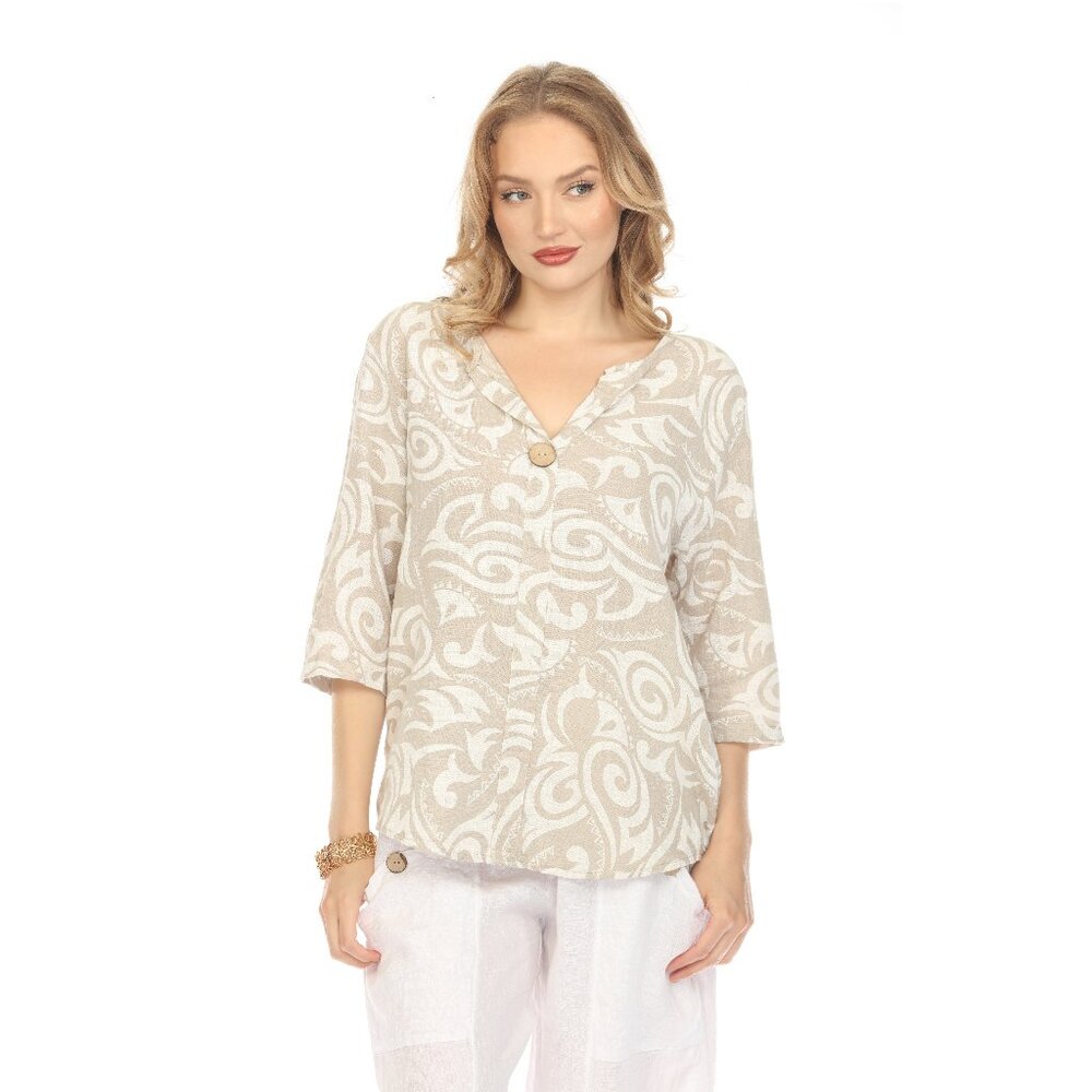Taupe Spiral Print V-Neck Button Detail Top